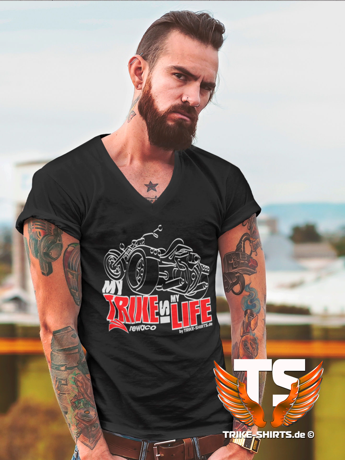 V-Shirt Ben - "My Trike is my Life" 003MB - 2-farbig weiß-rot