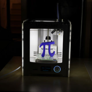 A purple 3D printed pi symbol housed inside a 3D printer.
