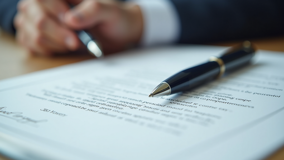 Close-up view of a legal document with a pen