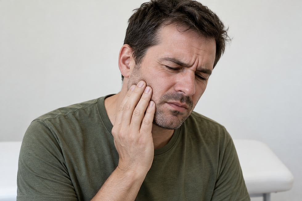 A man experiencing toothache, holding his cheek with his eyes closed and a pained expression, seated in a clinical setting.