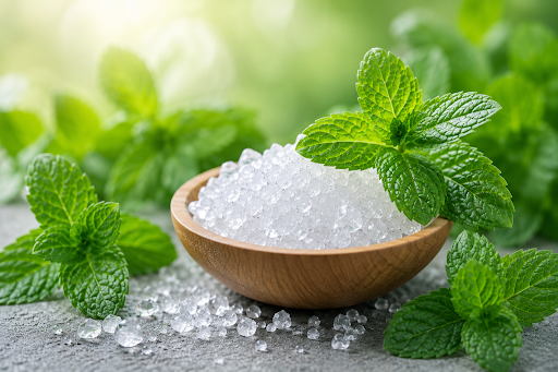 Menthol crystals in a wooden bowl surrounded by fresh green mint leaves on a natural background.
