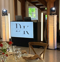 Indianapolis wedding reception DJ setup with uplighting, 4k monogram, intelligent lighting by First Class Sound & Light"