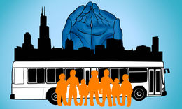 In the background, blue hands are behind a silhouette of the Chicago skyline. The skyline is on top of a bus and in the foreground is a silhouette of a group of people. 