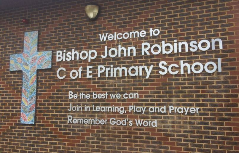 Thumbnail: Bishop John Robinson C of E Primary School sign on a brick wall, text visible.