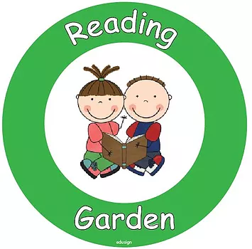 Thumbnail: Reading Garden sign with two cartoon children reading a book together.