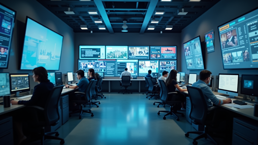 Eye-level view of a modern news office with digital screens displaying news articles
