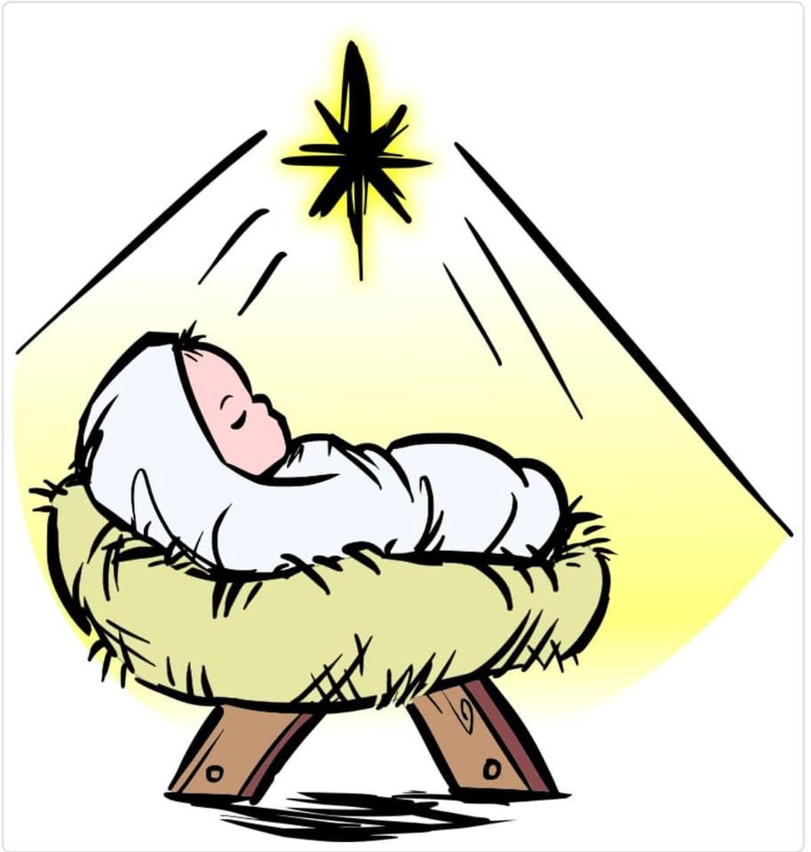 A baby in a manger, lit up with bright light from a star above