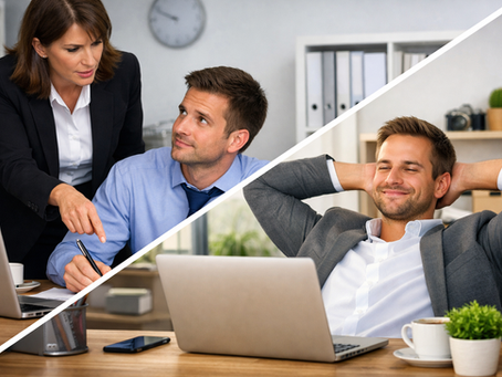 ein Angestellter in der typischen Job Situation und der selbe Angestellte als Selbstständiger