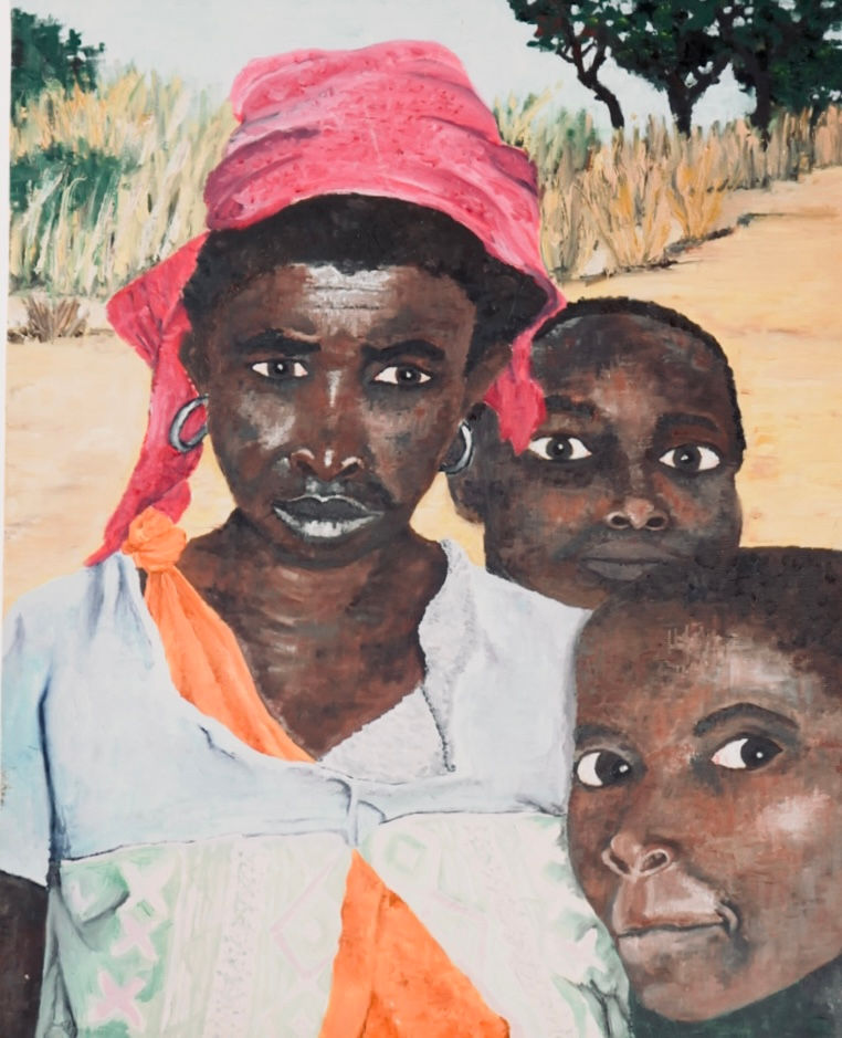 A painting of black woman wearing a red head wrap and large hoop earrings, standing in an outdoor setting with two children partially beside and below her.