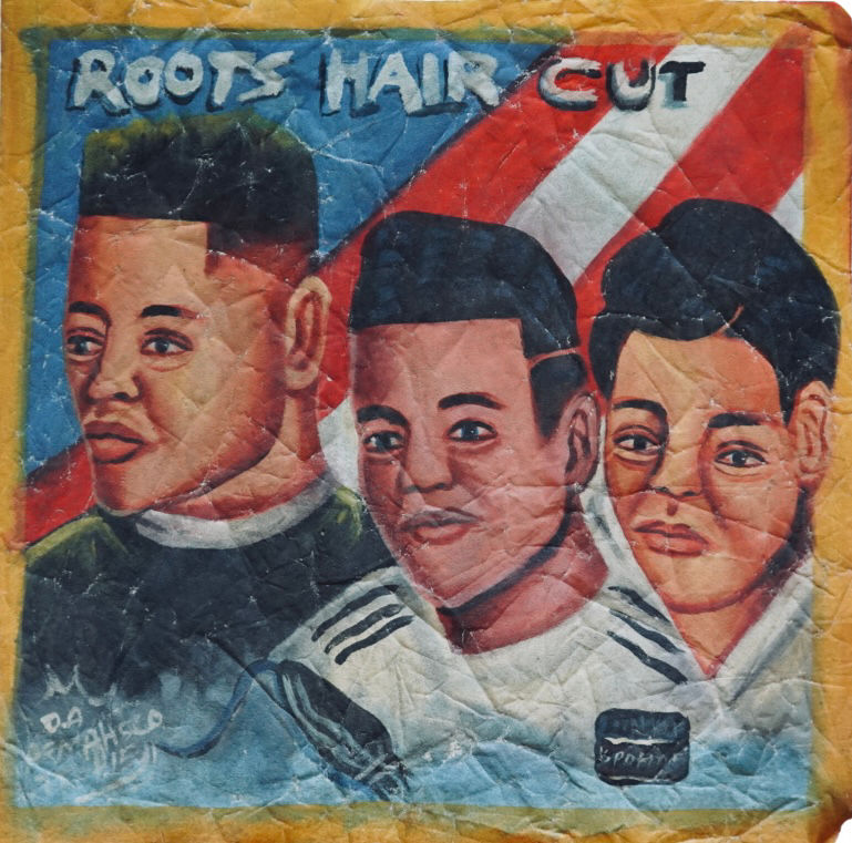 Vintage hand-painted African barber shop sign featuring three men modeling different haircut styles