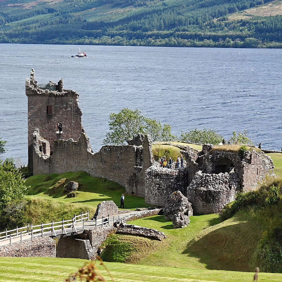 High angle view of Urquhart Castle on the shore of Loch Ness