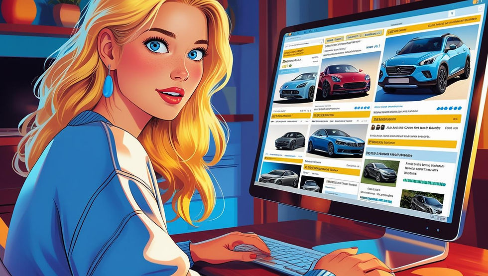 Photorealistic illustration of a focused blonde woman in a cozy sweater sitting at a modern computer screen displaying diverse car listings and customer reviews with detailed specs and high-quality images.