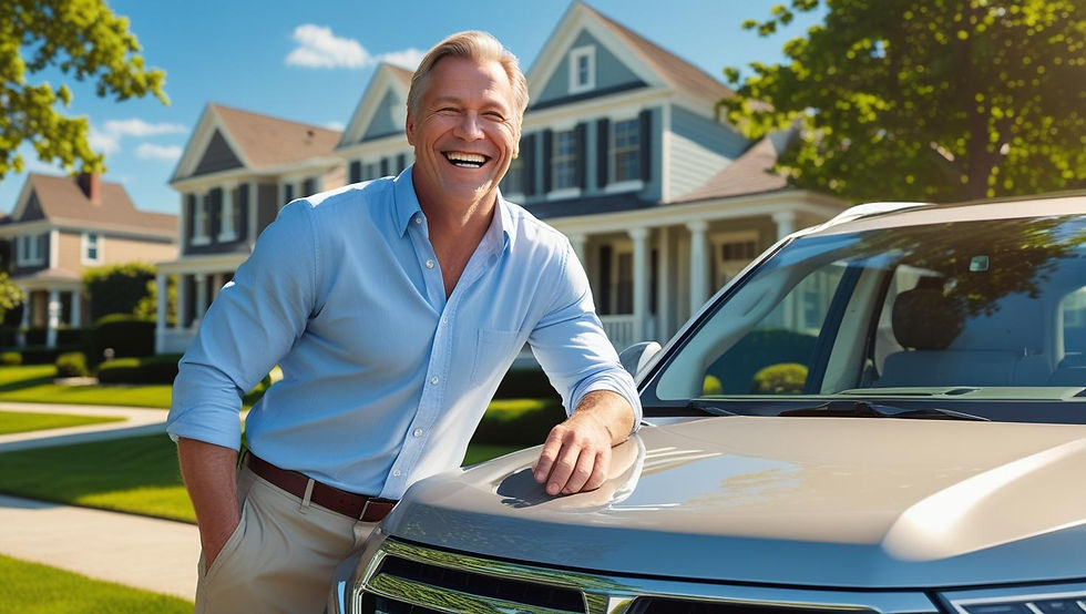 A joyful middle-aged Caucasian man in a light blue shirt and khaki pants leaning on his gleaming silver SUV in a sunny suburban neighborhood; Inspired moment capturing the pride of scoring the smartest SUV buy without dealership drama all thanks to Drive Zen.