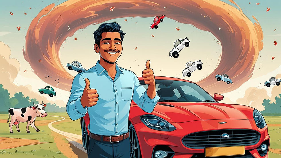 Happy man giving thumbs-up next to a shiny red sports car amid playful swirling chaos, celebrating a stress-free purchase powered by Drive Zen.