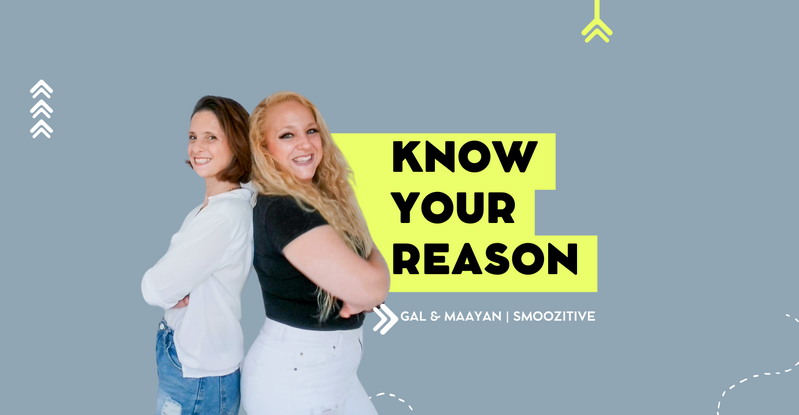 Maayan and Gal, co founders of Smoozitive with a yellow sign that says know your reason