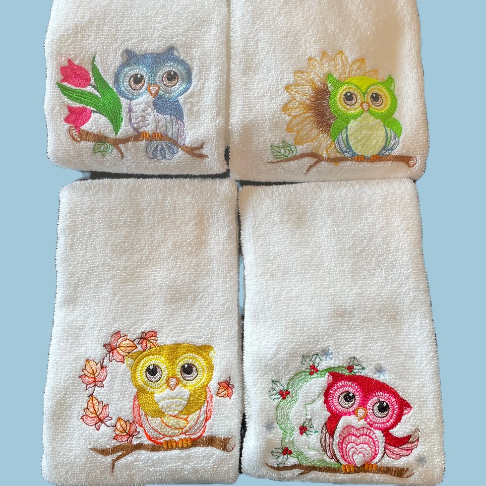 embroidered bathroom towel- 4 seasons of owls