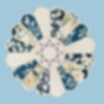 round dresden table center in blues, yellows, and ivory