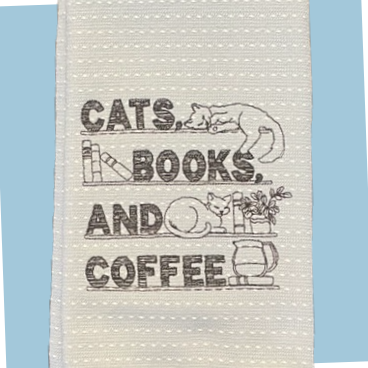 embroidered gray kitchen towel- cats books coffee