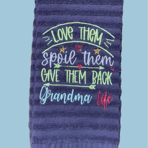 embroidered purple kitchen towel- Grandma Life