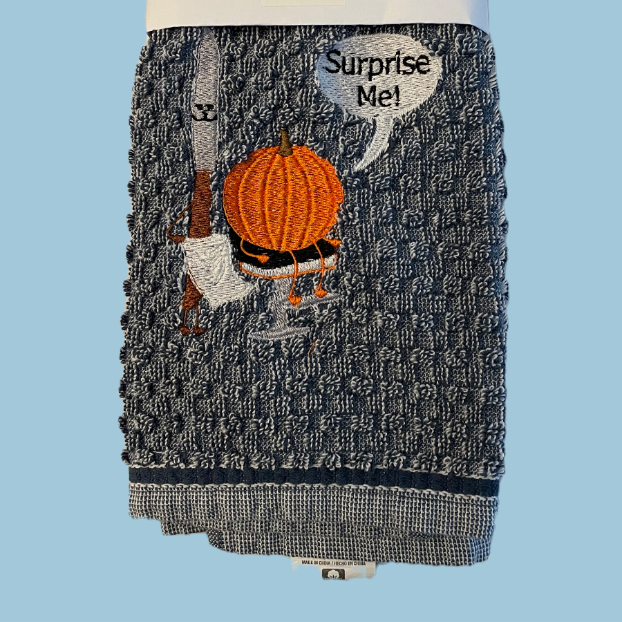 embroidered kitchen towel- surprise me pumpkin and knife