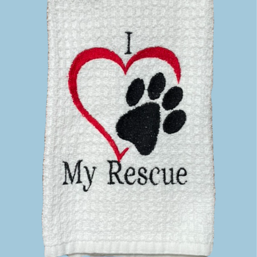 embroidered kitchen towel- I Heart my Rescue