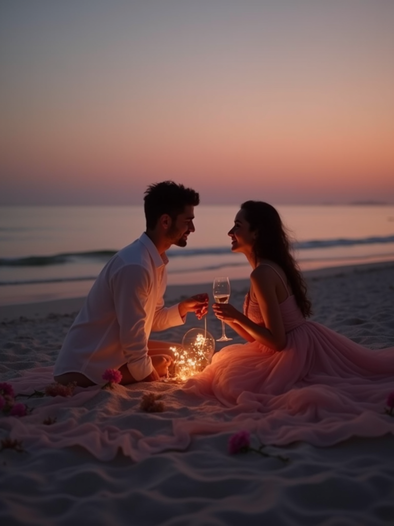 intimate valentine dinner setup on the sand under twilight.png