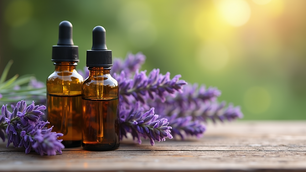 Close-up view of lavender oil bottles on a rustic wooden table