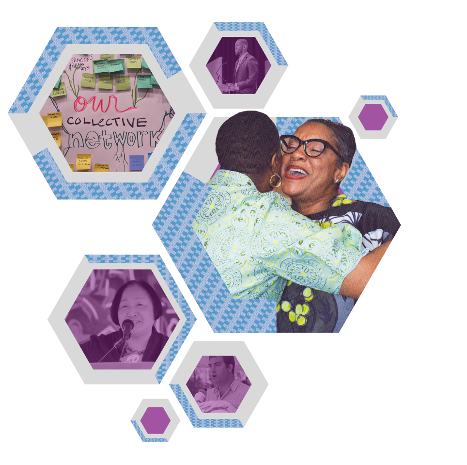 A collage wth blue and purple hexagons and photos of people embracing and protesting