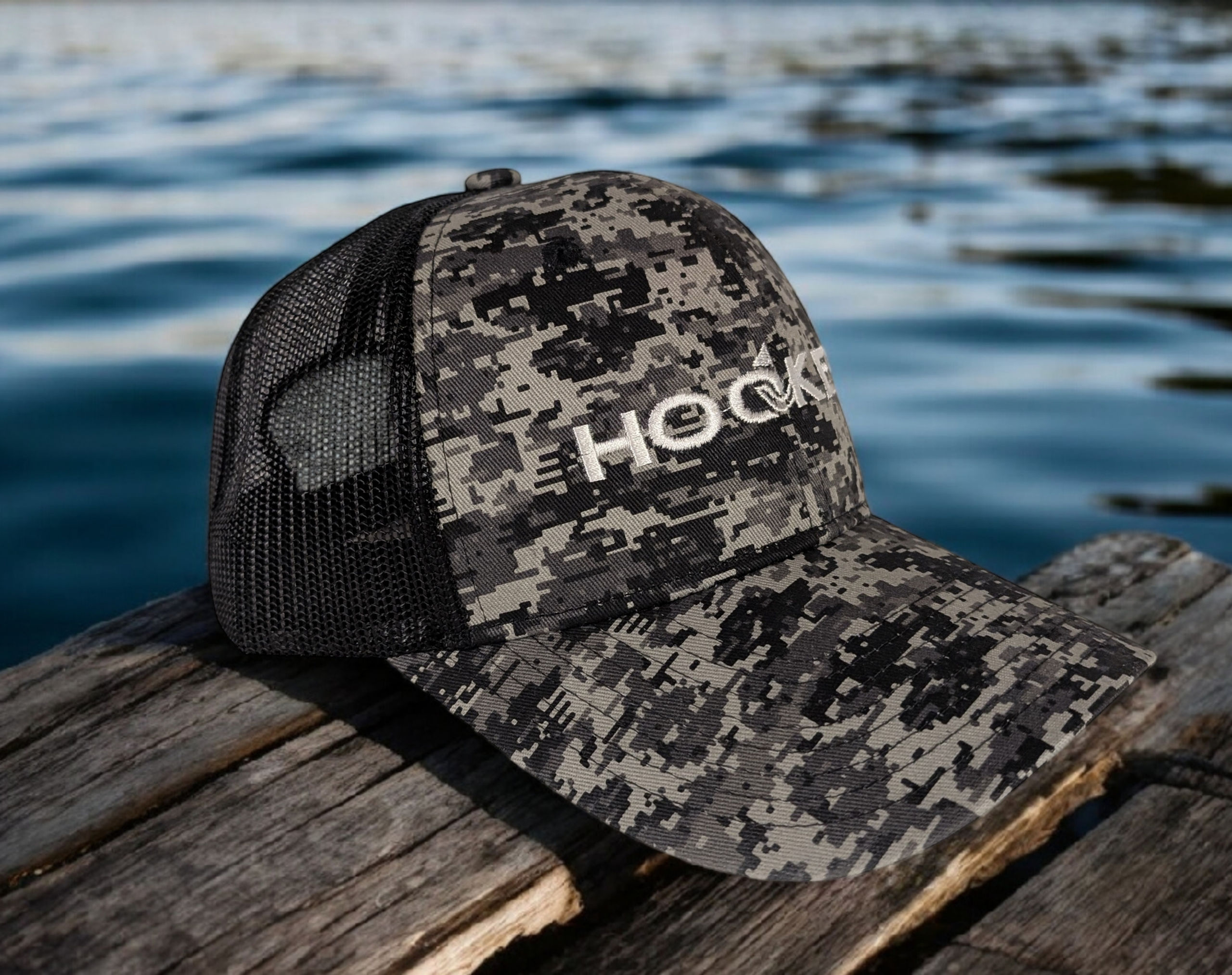 HOOKED  Logo Black Grey Camo Snapback Mesh Back Trucker Hat