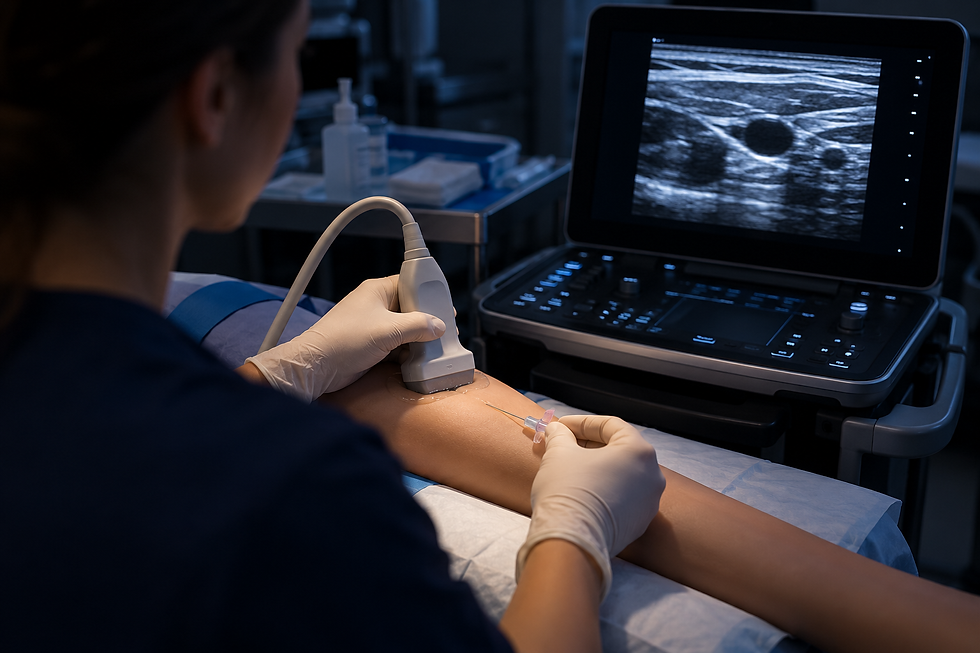 Clinician holding an ultrasound probe on a training arm while a nearby screen shows a vein for ultrasound-guided IV insertion