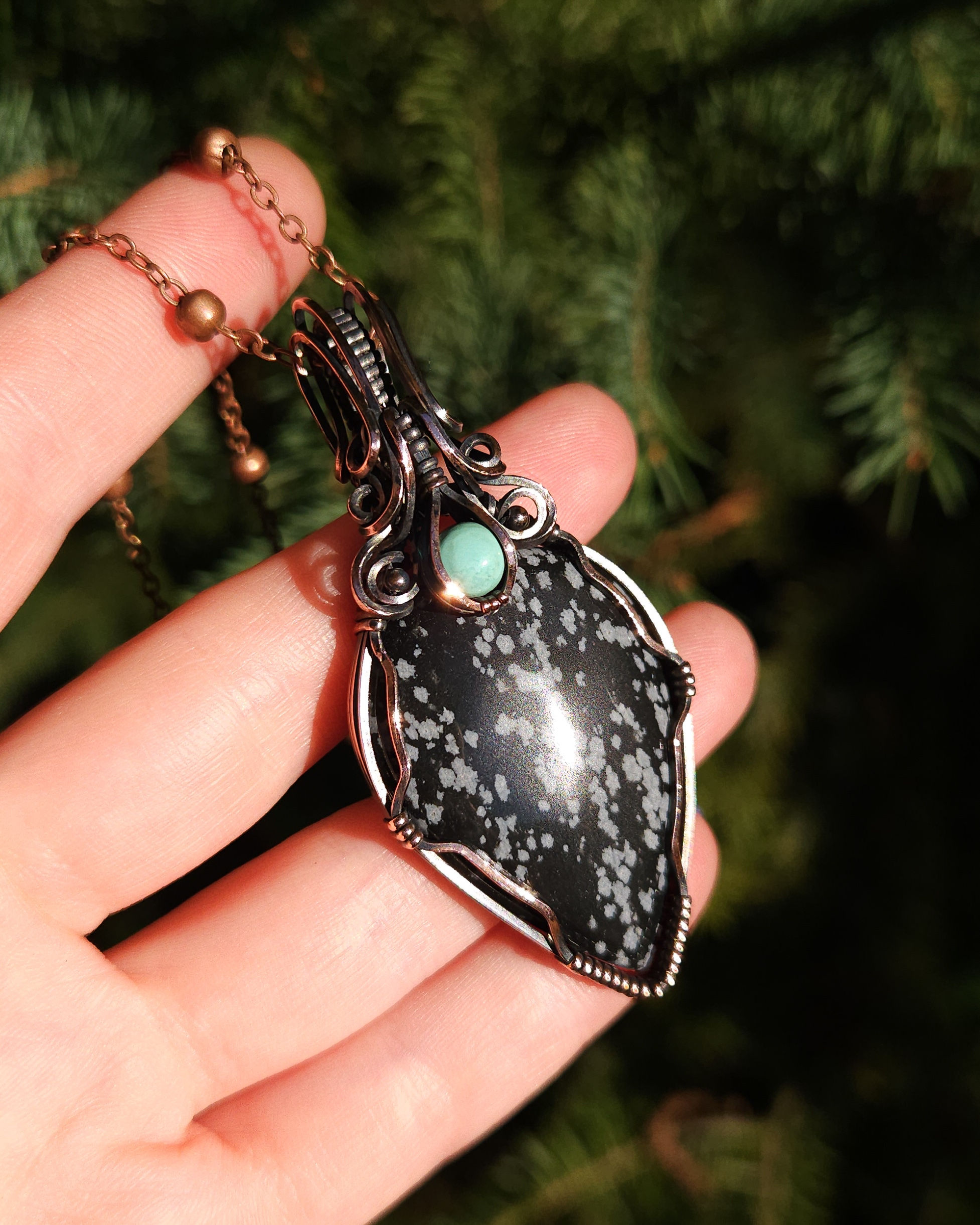 Spirit of The Desert Pendant - Turquoise & Snowflake Obsidian in Copper