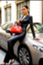 Model wearing Italian leather jumpsuit and heels, carrying a luxury leather bag by Vivien Lauren