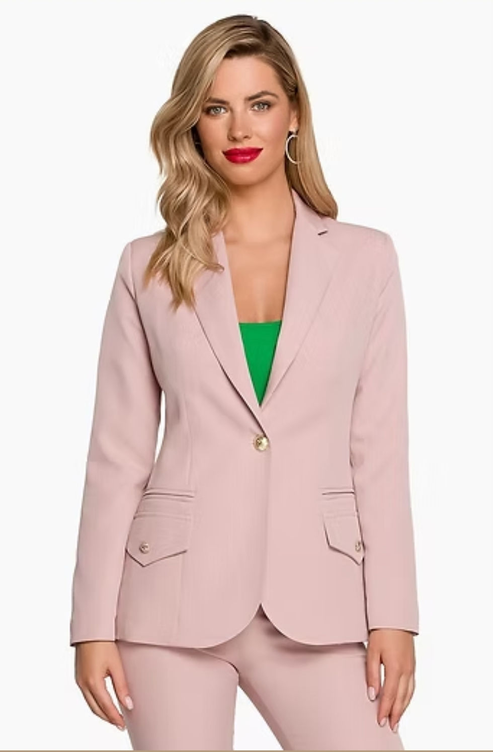 Model wearing Pink tailored fitted trouser suit by Vivien Lauren