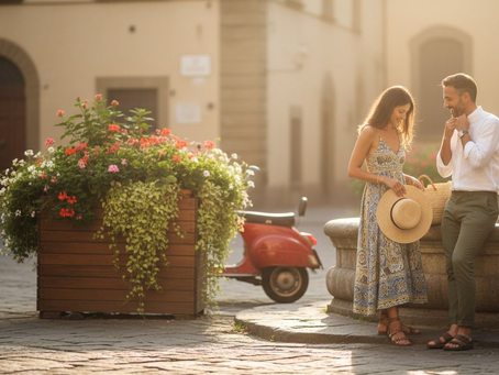 Stylish couple in Mediterranean piazza