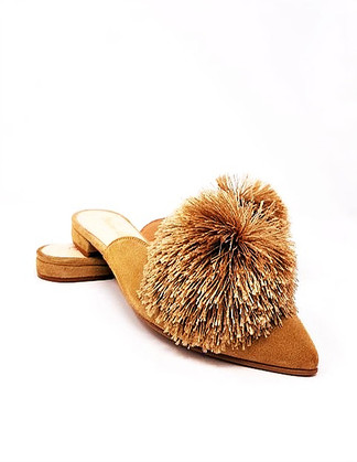 Caramel Flat Pom Pom Mules Handmade in Italian Leather Suede - By Vivien Lauren
