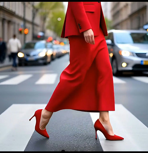 Woman wearing red midi dress with matching jacket and velvet shoes by Vivien Lauren