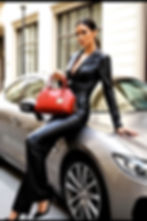Model showcases leather fashion pieces by Vivien Lauren