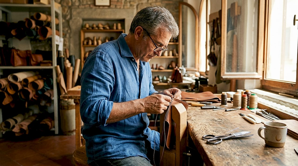 Italian artisan hand-stitching leather in workshop