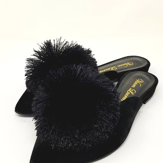 Soot Black Italian Leather Suede Pom Pom Mules - Handcrafted by Vivien Lauren