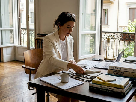 Woman in Italian short trouser suit at desk