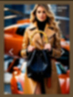 Vivien Lauren model in luxury leather holding matching bucket bag standing on a street with helicopter and luxury sports car behind her