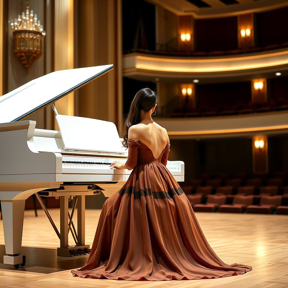 Lady Pianist sitting on stage in deep brown Chiffon Gown