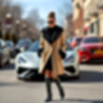 Lady in knee high boots models wool coat by Vivien Lauren