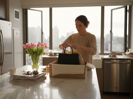 Woman unpacking designer handbag in bright kitchen