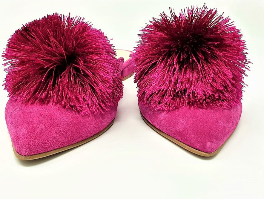 Thumbnail: Mule Shoes with Pom Pom. Handmade Leather Suede. Fuschia Pink Colour. Designed By Vivien Lauren