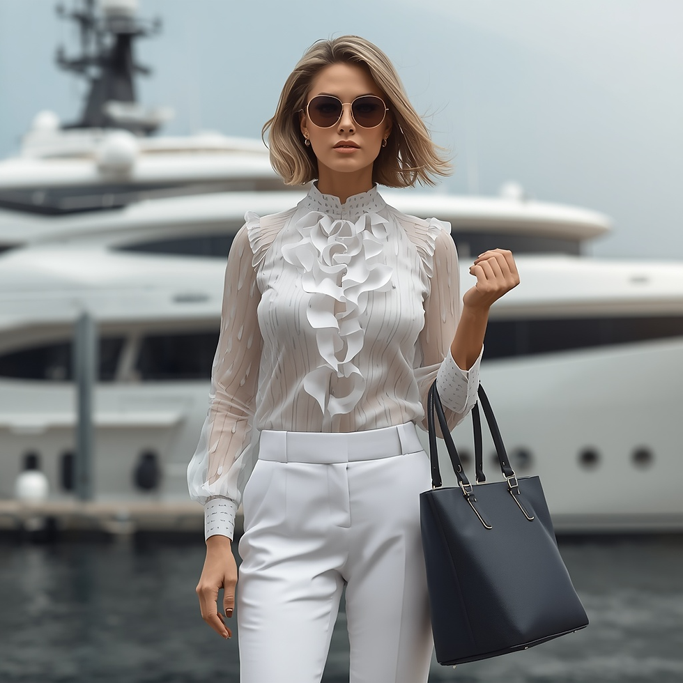 Model in white models Luxury Italian Leather Bag by Vivien Lauren
