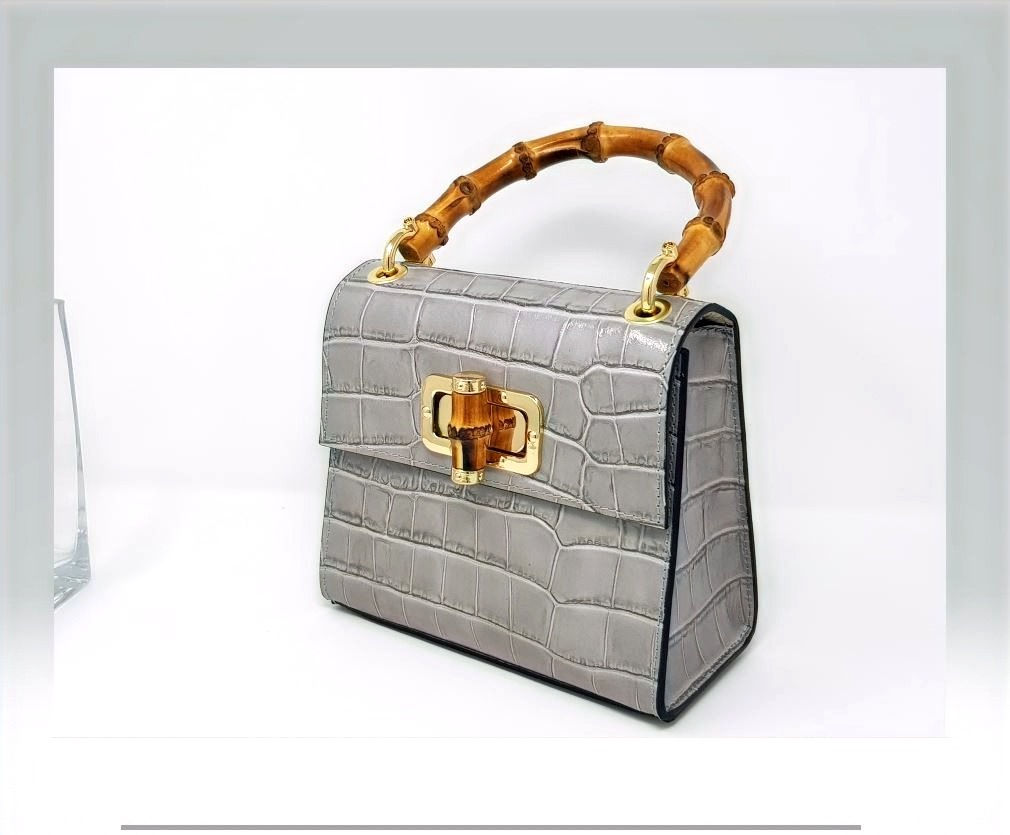 Classic in Misty Gray - Luxury Leather with Bamboo Handle Mini Bag by Vivien Lauren