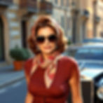 Glamorous woman with retro hairstyle, bold red lips, and a fitted brown dress