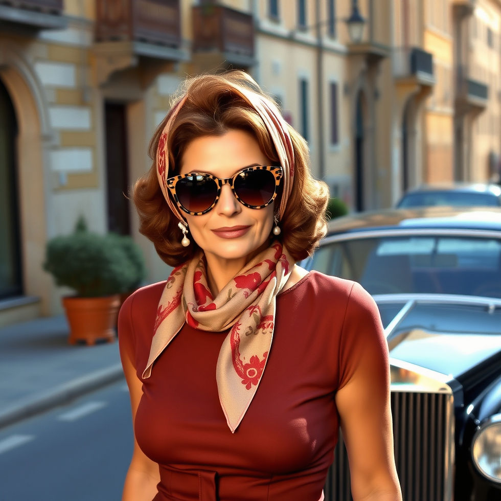 Glamorous woman with retro hairstyle, bold red lips, and a fitted brown dress