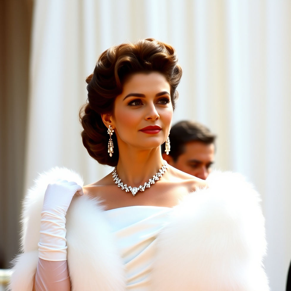 Model in white satin gown and gloves with matching stole
